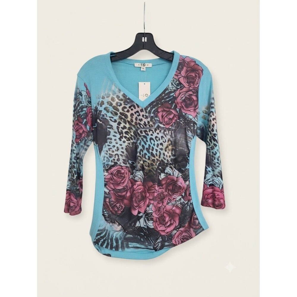Vintage Y2K Paris IQ Blue Floral Blouse, Women's V Neck 3/4 Sleeve Pink Top